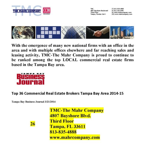 TMC-The Mahr Company places among Top Commercial Real Estate Firms in Tampa Bay 